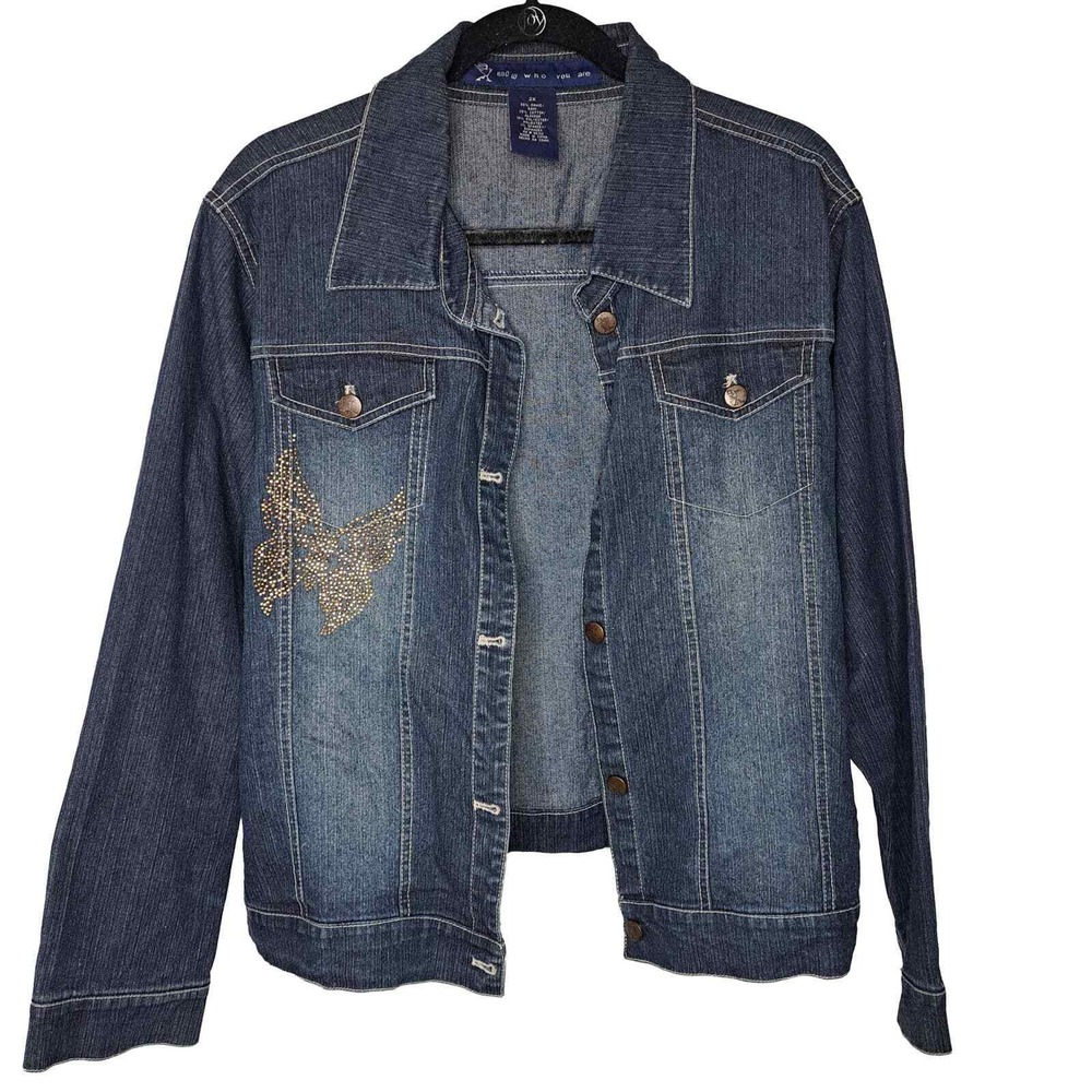 Vintage GX Studded Butterfly Denim Jean Jacket Plus 2X Medium Wash Stretch